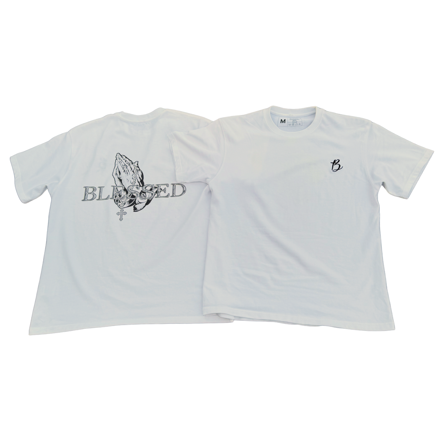 Two white t-shirts with printed designs rear view img