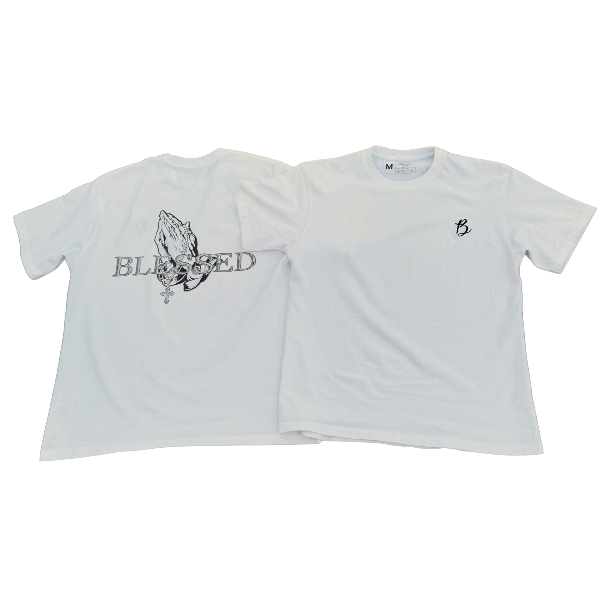 Two white t-shirts with printed designs rear view img