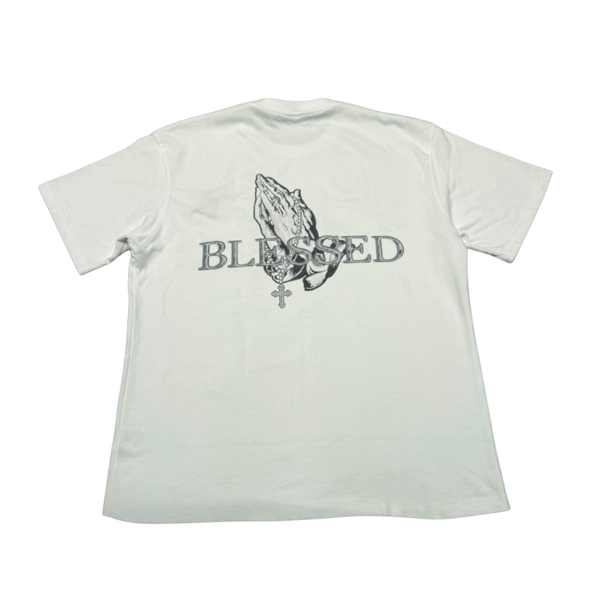 White t-shirt with 'Blessed' text and graphic design 